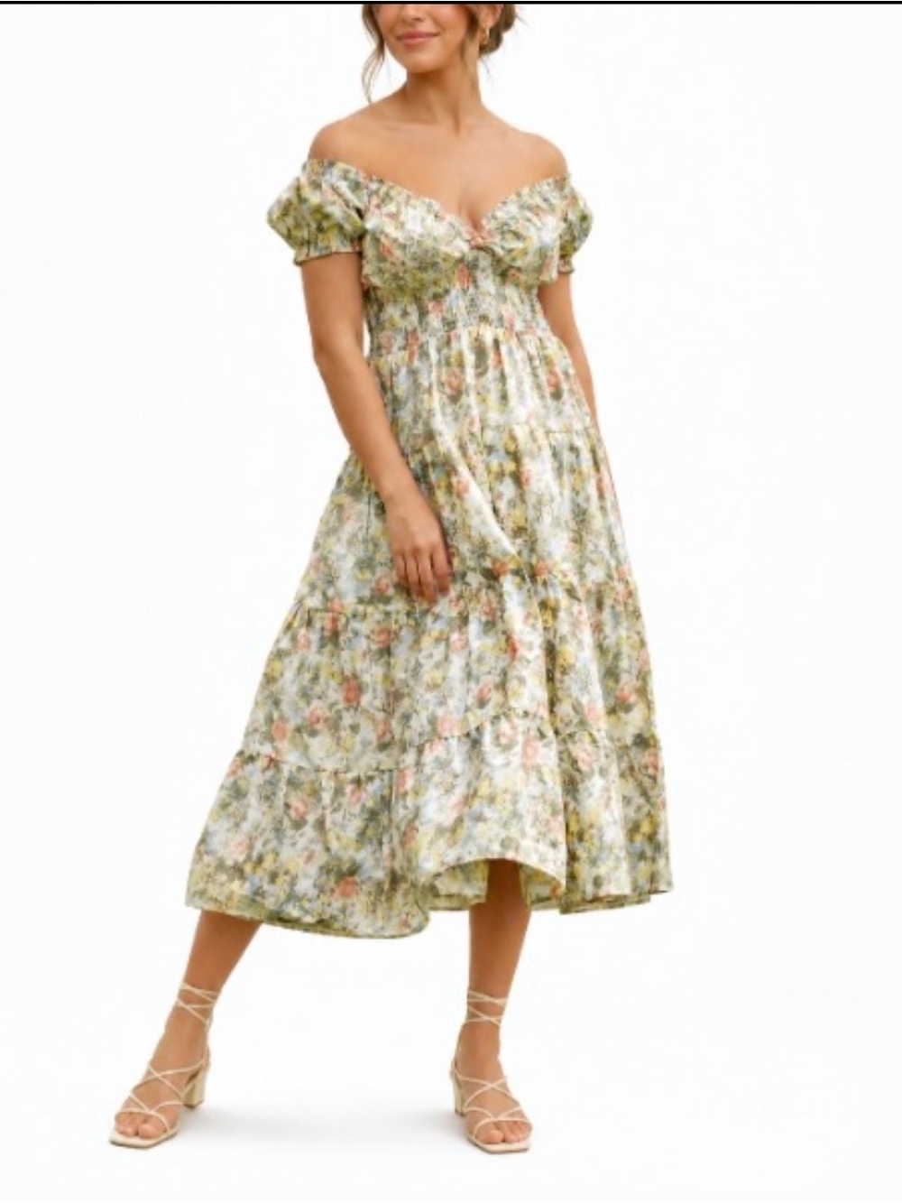 DANIELLE BERNSTEIN Floral Smocked Off-Shoulder Midi Dress Cottagecore Size L
